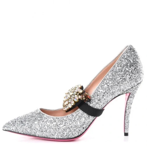 Gucci Argento silver glitter pumps with removable heart crystal detail - Picture 3 of 12